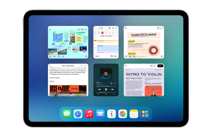 横屏放置的 iPad，屏幕展示六个打开的窗口，排列成两行，包括日历 app、备忘录 app、Apple Music 和 Safari 浏览器。