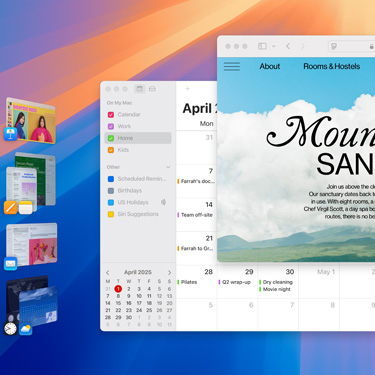 屏幕上显示多个窗口和 app，有 Keynote 讲演、Pages 文稿、邮件，以及一个网站页面，内容与宁静修养胜地相关。
