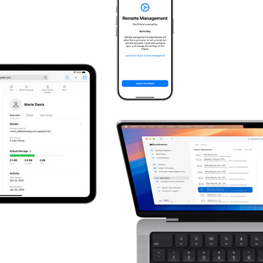 iPad、iPhone 和 MacBook 分别展示 Apple 商务管理功能的不同组成部分。
