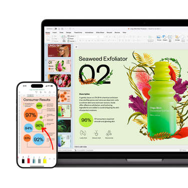 一台 Mac 和一部 iPhone 的正面视图，分别显示同一个鲜艳多彩的演示文稿中的不同部分，内容与一款护肤产品相关。