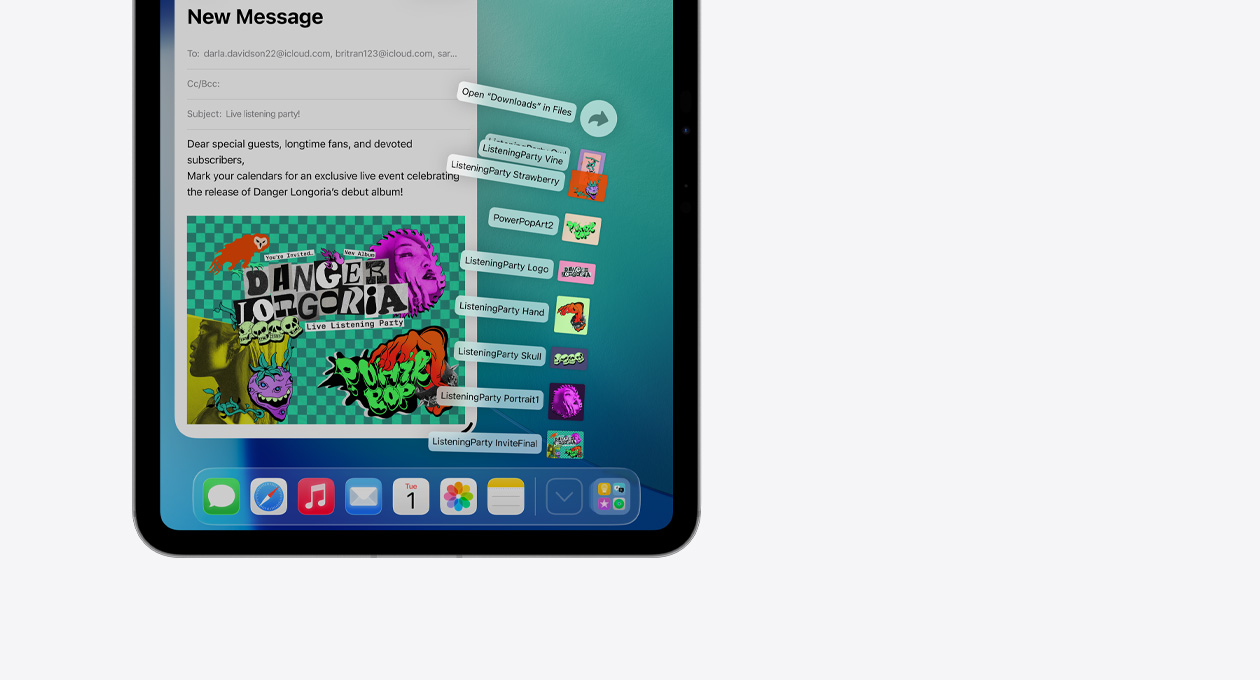 Apple 设备底部程序坞中 app 的特写，展示一系列文件呈扇状纵向展开。