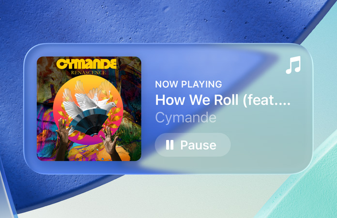 Apple Music app 中的半透明控制项折射出背景。