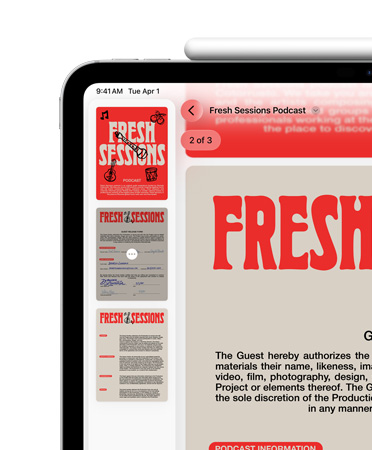 横屏放置的 iPad，Apple Pencil 通过磁力吸附在 iPad 顶部，屏幕左上角展示预览 app 中的 PDF。